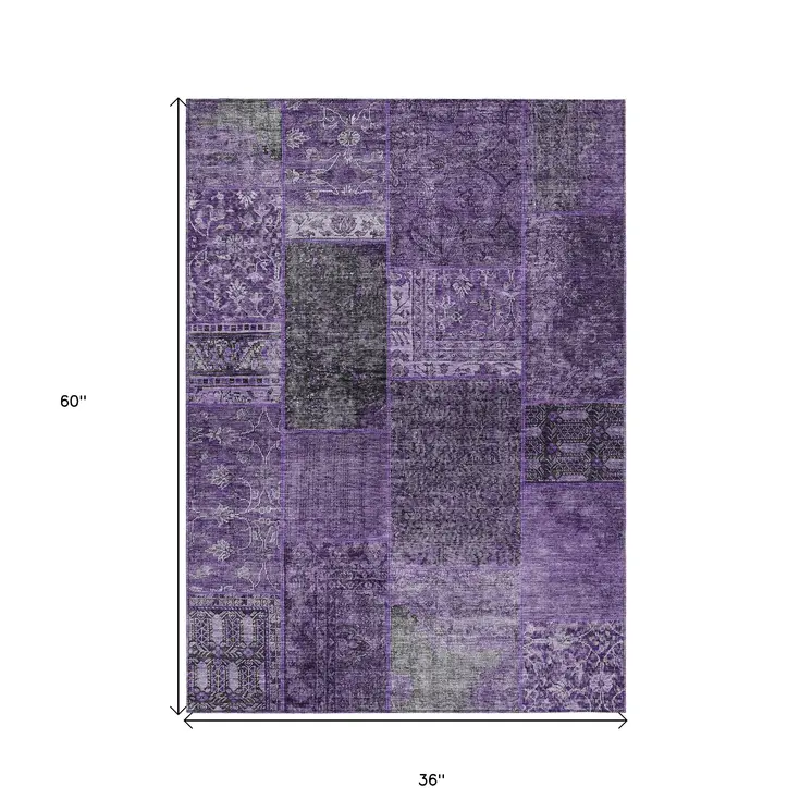 3' X 5' Eggplant Purple And Charcoal Patchwork Washable Indoor Outdoor Area Rug