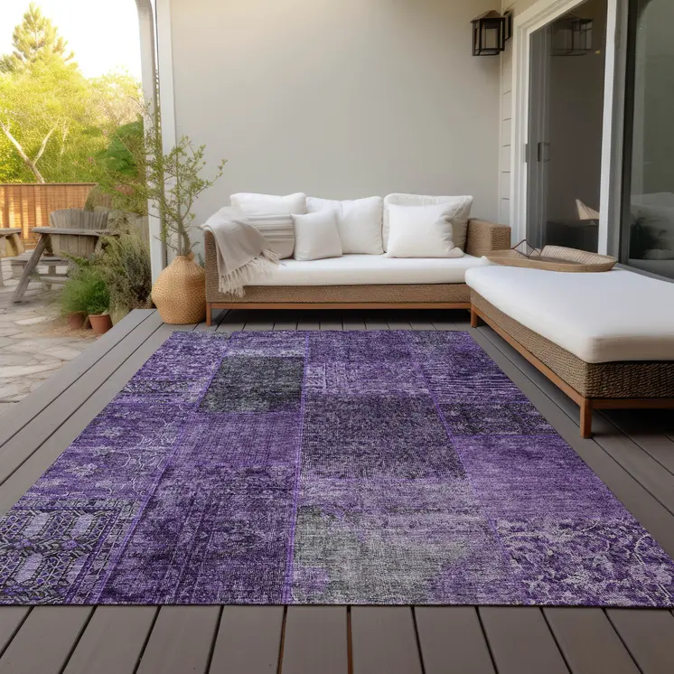 3' X 5' Eggplant Purple And Charcoal Patchwork Washable Indoor Outdoor Area Rug