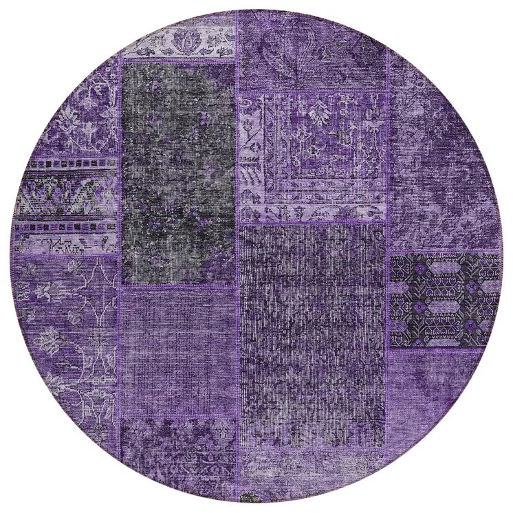 8' Eggplant Purple And Charcoal Round Patchwork Washable Indoor Outdoor Area Rug