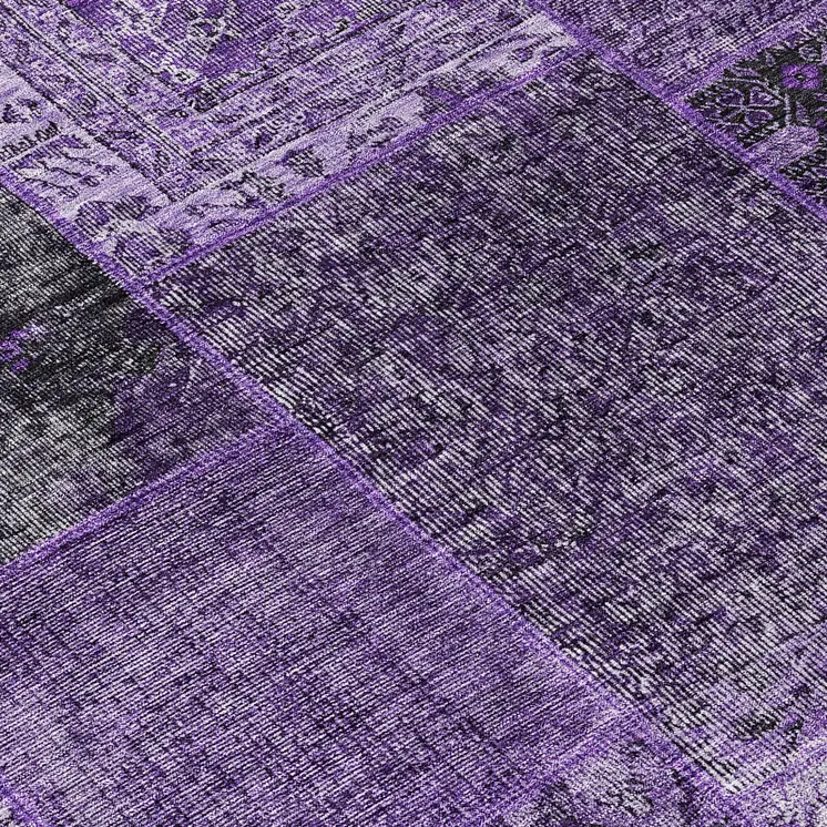 8' Eggplant Purple And Charcoal Round Patchwork Washable Indoor Outdoor Area Rug