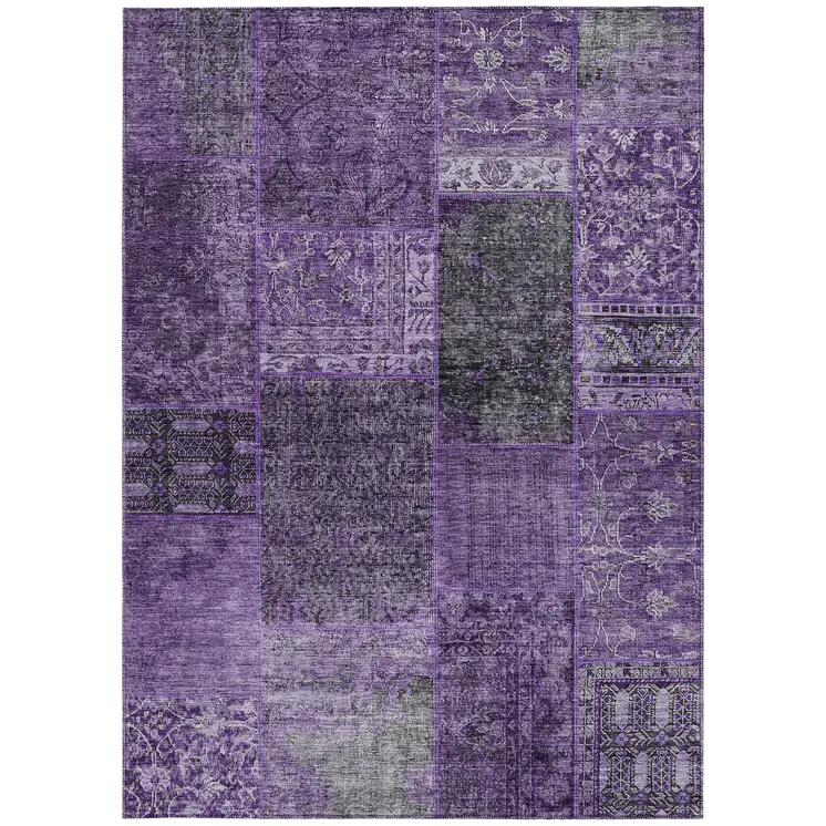 8' X 10' Eggplant Purple And Charcoal Patchwork Washable Indoor Outdoor Area Rug
