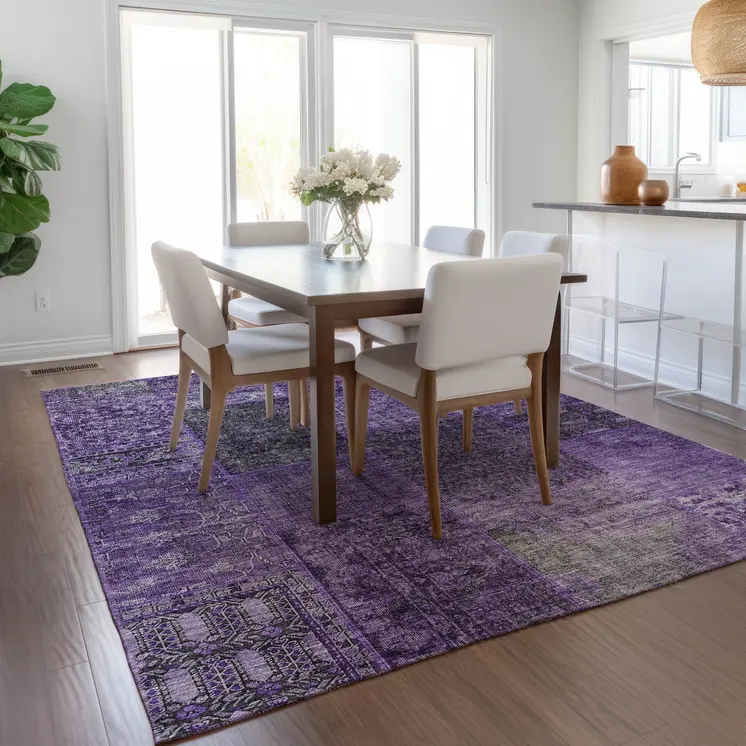 8' X 10' Eggplant Purple And Charcoal Patchwork Washable Indoor Outdoor Area Rug