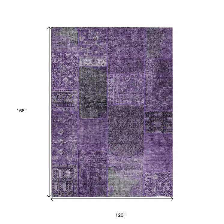 10' X 14' Eggplant Purple And Charcoal Patchwork Washable Indoor Outdoor Area Rug
