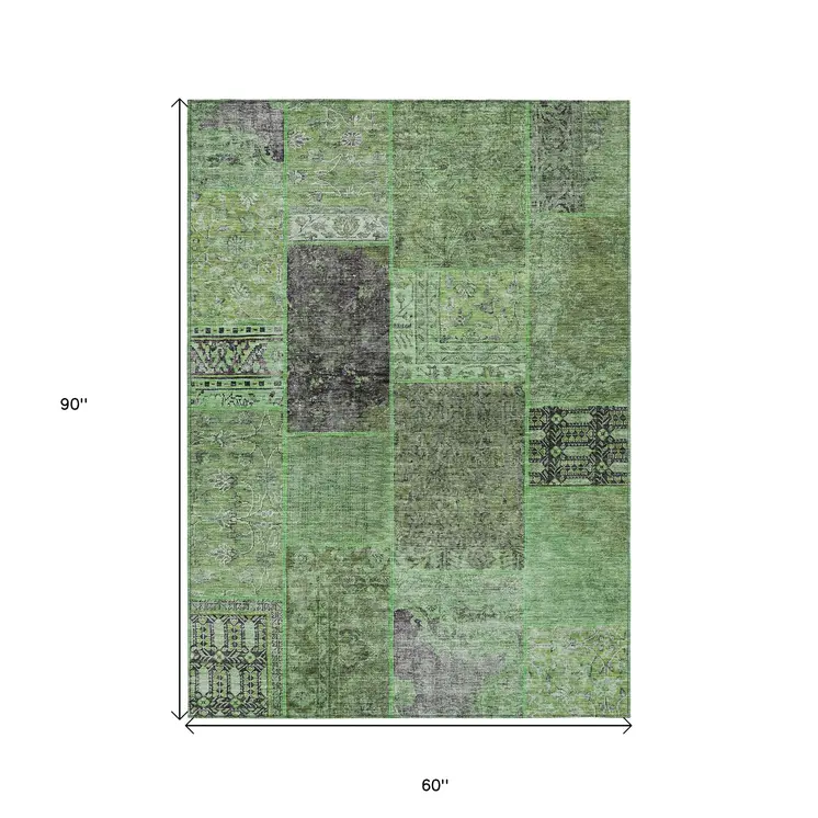 5' X 8' Green And Olive Green Patchwork Washable Indoor Outdoor Area Rug