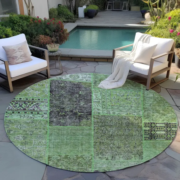 8' Green And Olive Green Round Patchwork Washable Indoor Outdoor Area Rug