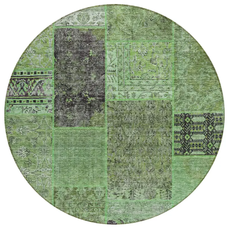 8' Green And Olive Green Round Patchwork Washable Indoor Outdoor Area Rug