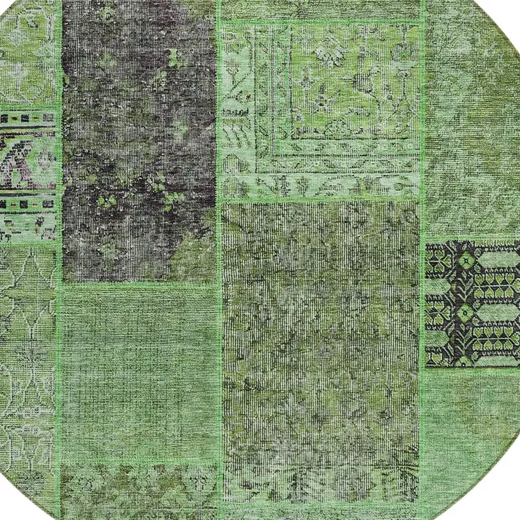8' Green And Olive Green Round Patchwork Washable Indoor Outdoor Area Rug