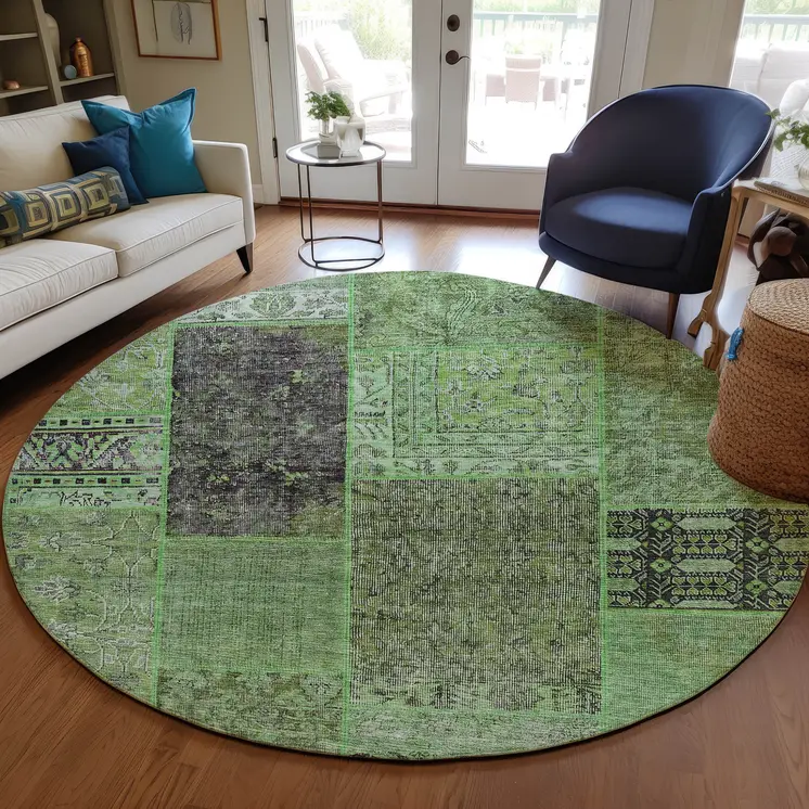 8' Green And Olive Green Round Patchwork Washable Indoor Outdoor Area Rug