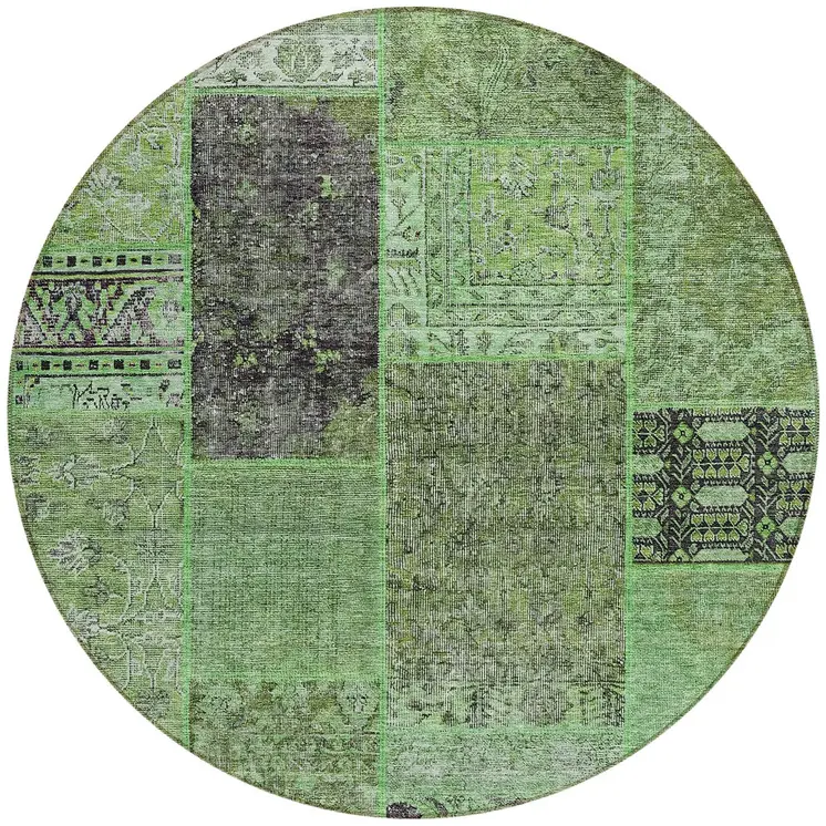 8' Green And Olive Green Round Patchwork Washable Indoor Outdoor Area Rug
