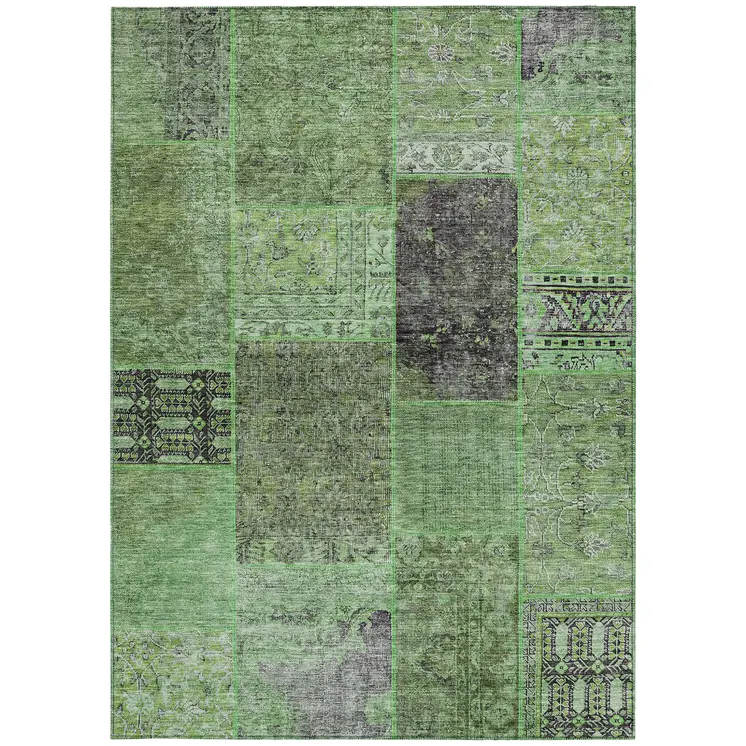 9' X 12' Green And Olive Green Patchwork Washable Indoor Outdoor Area Rug