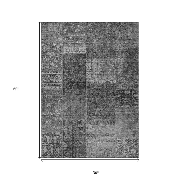 3' X 5' Gray Charcoal And Silver Patchwork Washable Indoor Outdoor Area Rug