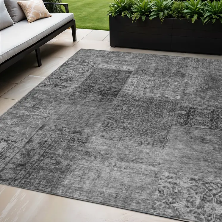5' X 8' Gray Charcoal And Silver Patchwork Washable Indoor Outdoor Area Rug