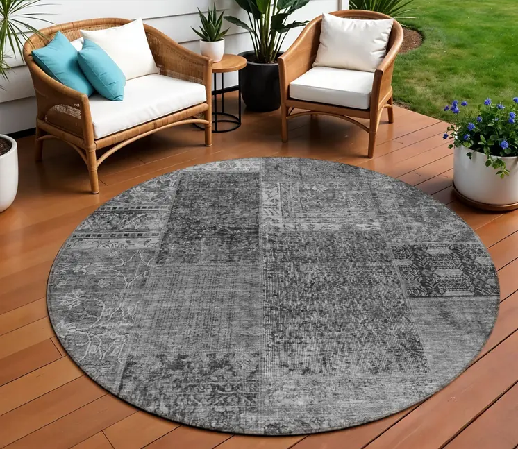 8' Gray Charcoal And Silver Round Patchwork Washable Indoor Outdoor Area Rug