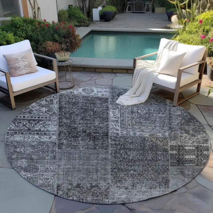 8' Gray Charcoal And Silver Round Patchwork Washable Indoor Outdoor Area Rug