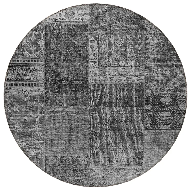 8' Gray Charcoal And Silver Round Patchwork Washable Indoor Outdoor Area Rug