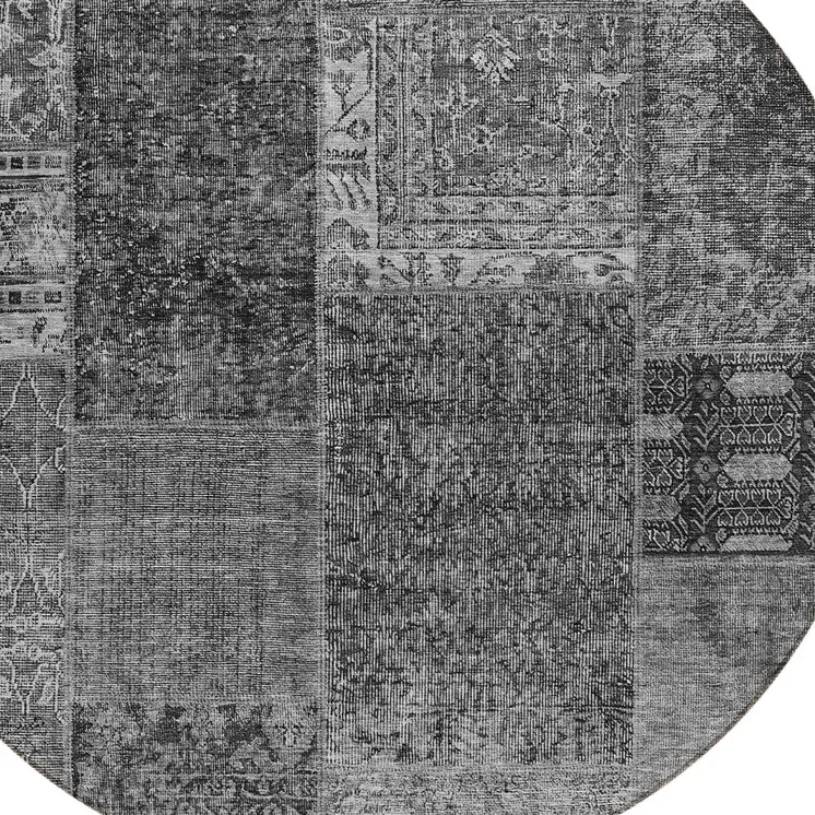 8' Gray Charcoal And Silver Round Patchwork Washable Indoor Outdoor Area Rug