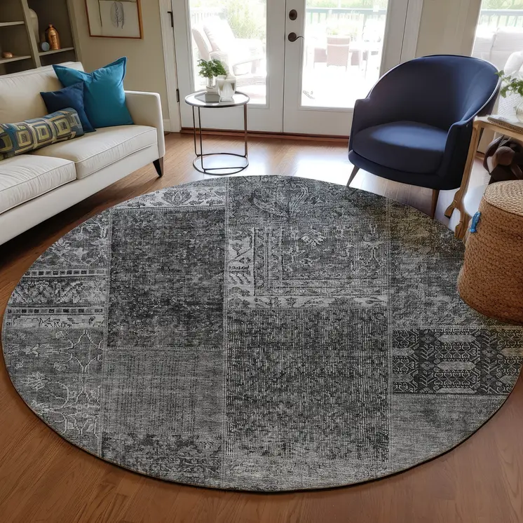 8' Gray Charcoal And Silver Round Patchwork Washable Indoor Outdoor Area Rug
