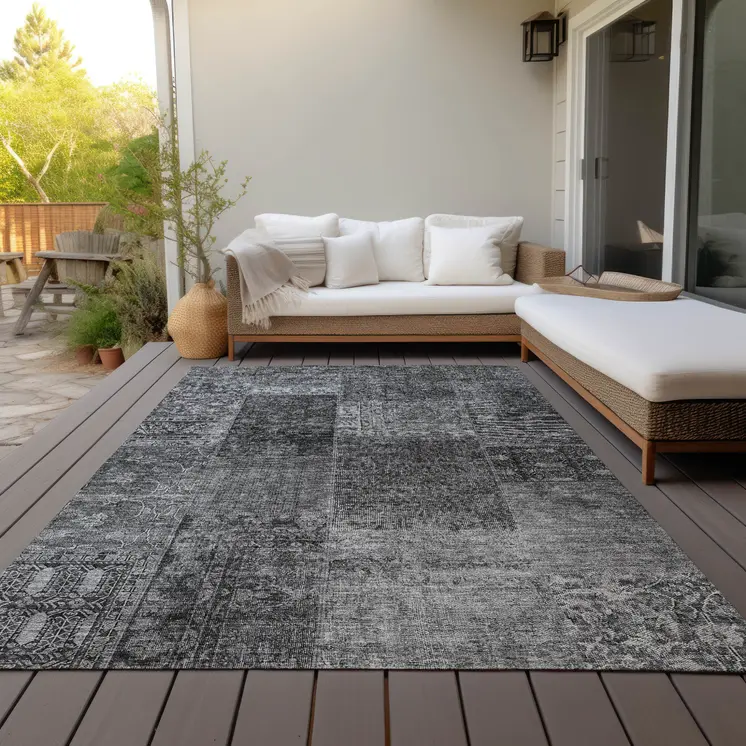 8' X 10' Gray Charcoal And Silver Patchwork Washable Indoor Outdoor Area Rug