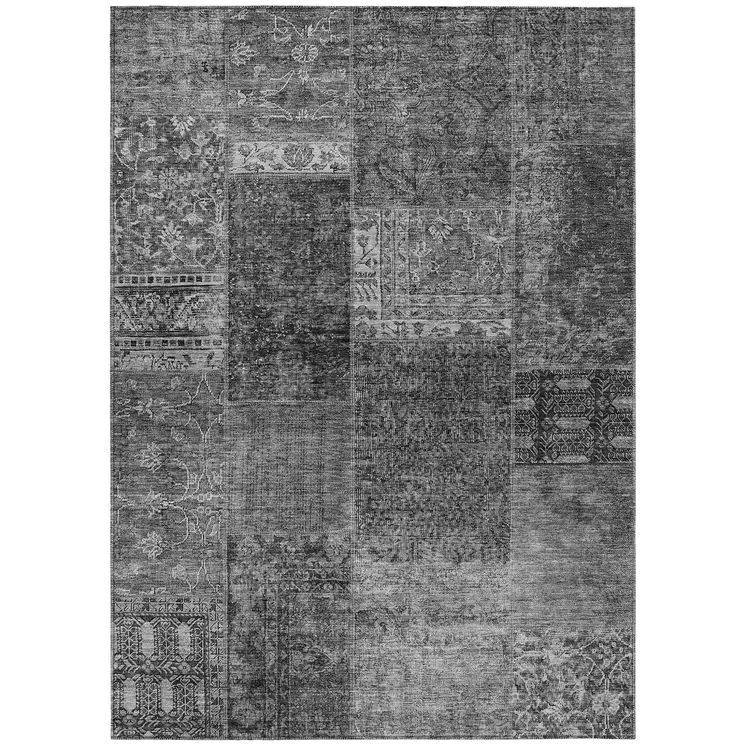 8' X 10' Gray Charcoal And Silver Patchwork Washable Indoor Outdoor Area Rug