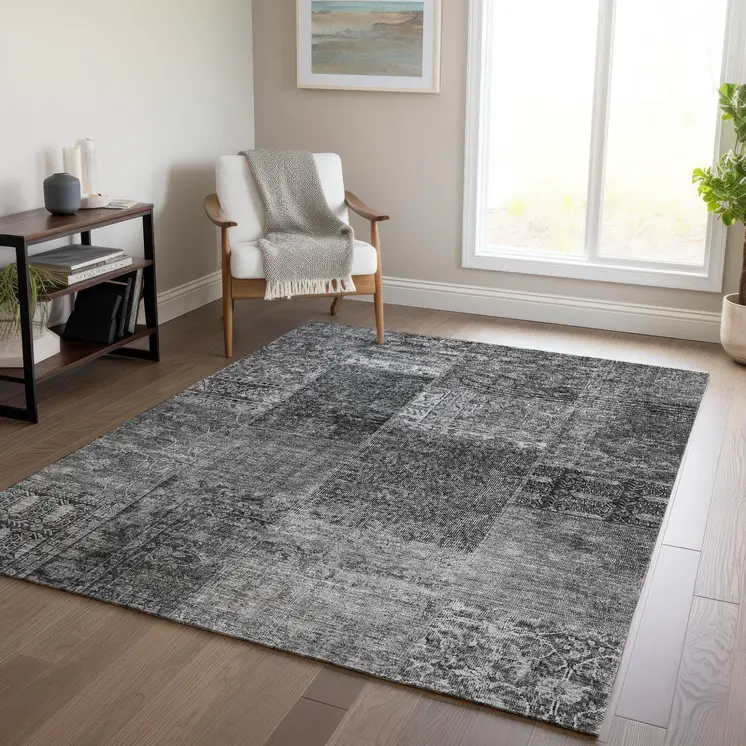 8' X 10' Gray Charcoal And Silver Patchwork Washable Indoor Outdoor Area Rug