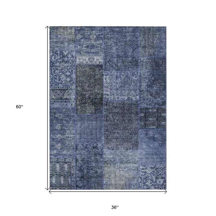 3' X 5' Navy Blue And Charcoal Patchwork Washable Indoor Outdoor Area Rug