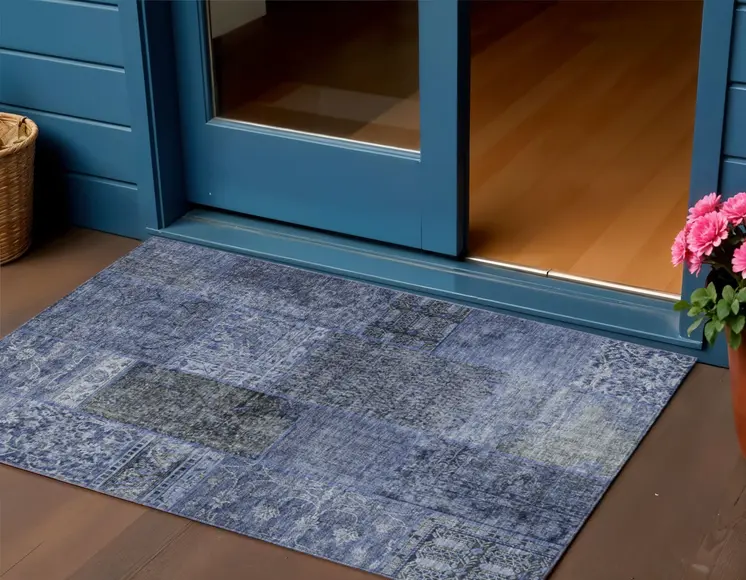 3' X 5' Navy Blue And Charcoal Patchwork Washable Indoor Outdoor Area Rug