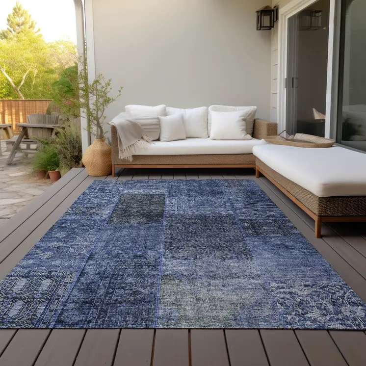 3' X 5' Navy Blue And Charcoal Patchwork Washable Indoor Outdoor Area Rug
