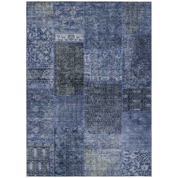 3' X 5' Navy Blue And Charcoal Patchwork Washable Indoor Outdoor Area Rug