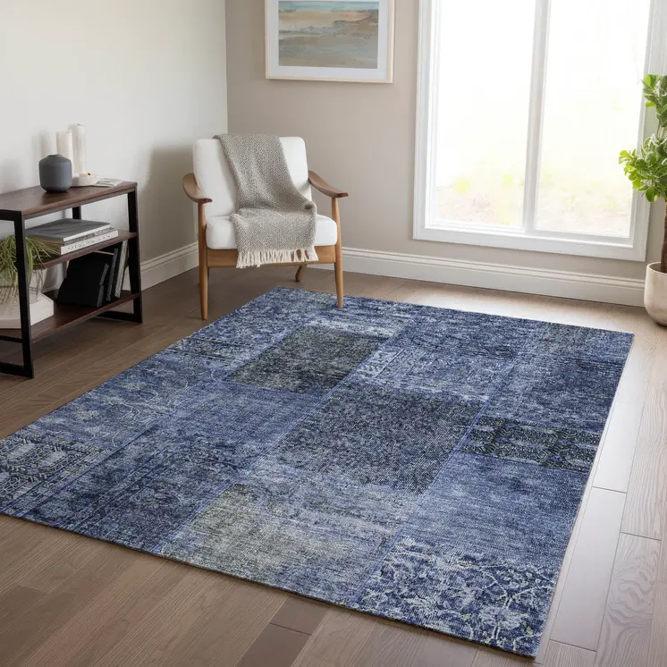 3' X 5' Navy Blue And Charcoal Patchwork Washable Indoor Outdoor Area Rug