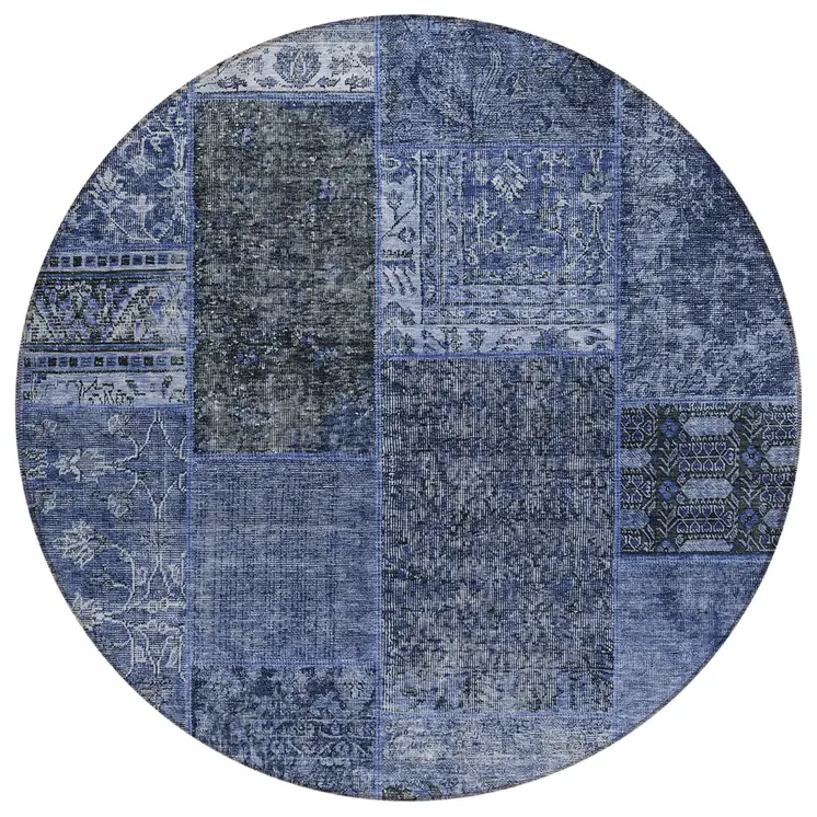 8' Navy Blue And Charcoal Round Patchwork Washable Indoor Outdoor Area Rug