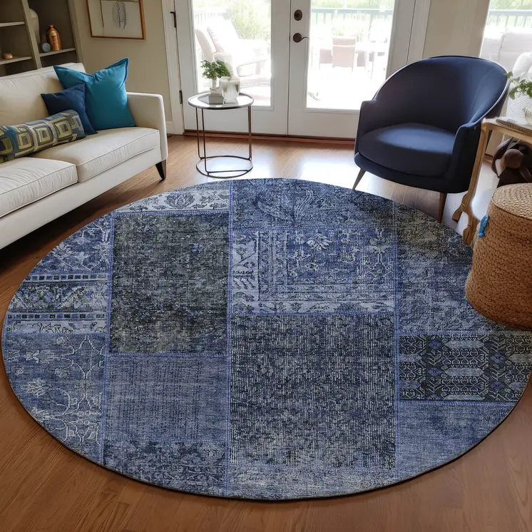 8' Navy Blue And Charcoal Round Patchwork Washable Indoor Outdoor Area Rug