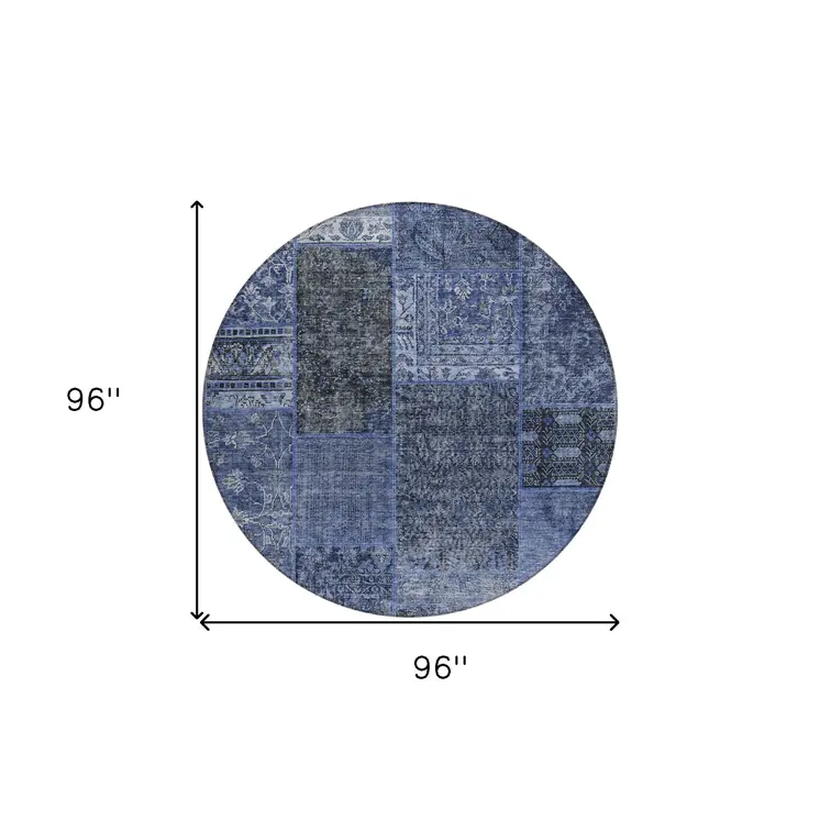 8' Navy Blue And Charcoal Round Patchwork Washable Indoor Outdoor Area Rug