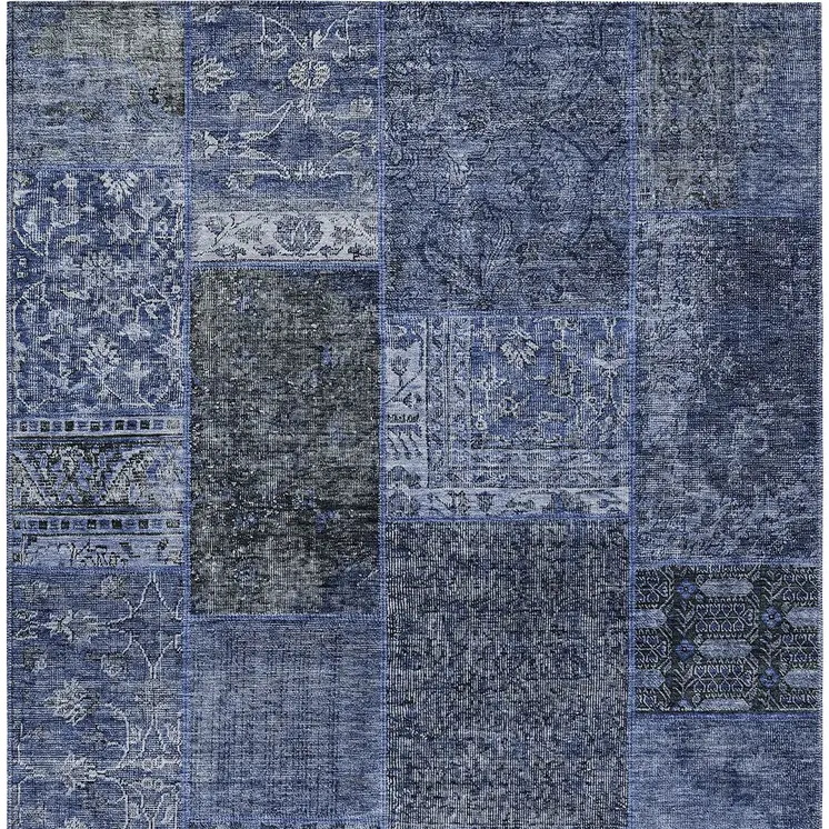 10' X 14' Navy Blue And Charcoal Patchwork Washable Indoor Outdoor Area Rug