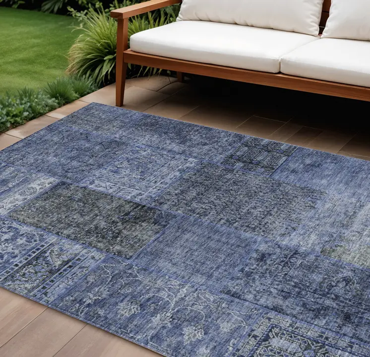 10' X 14' Navy Blue And Charcoal Patchwork Washable Indoor Outdoor Area Rug