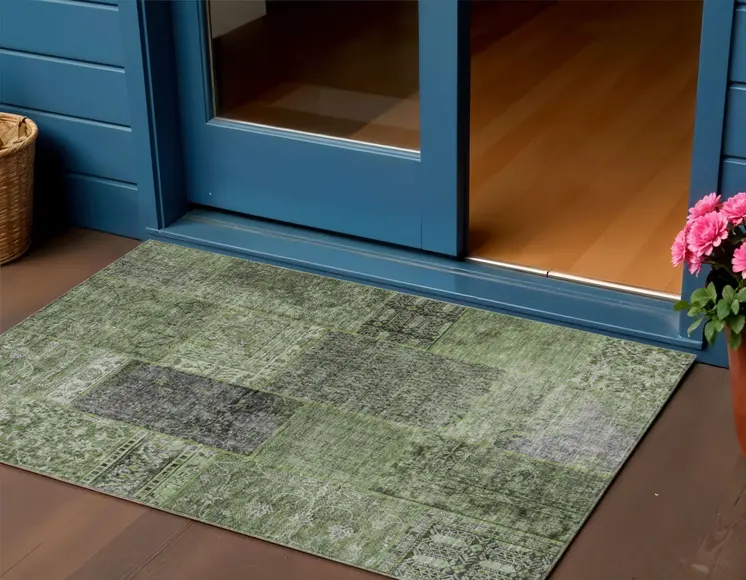 3' X 5' Olive Green And Gray Patchwork Washable Indoor Outdoor Area Rug