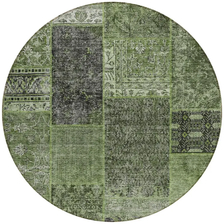 8' Olive Green And Gray Round Patchwork Washable Indoor Outdoor Area Rug