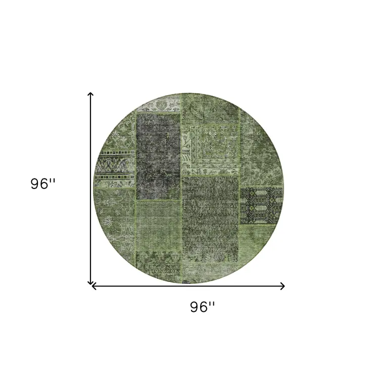 8' Olive Green And Gray Round Patchwork Washable Indoor Outdoor Area Rug