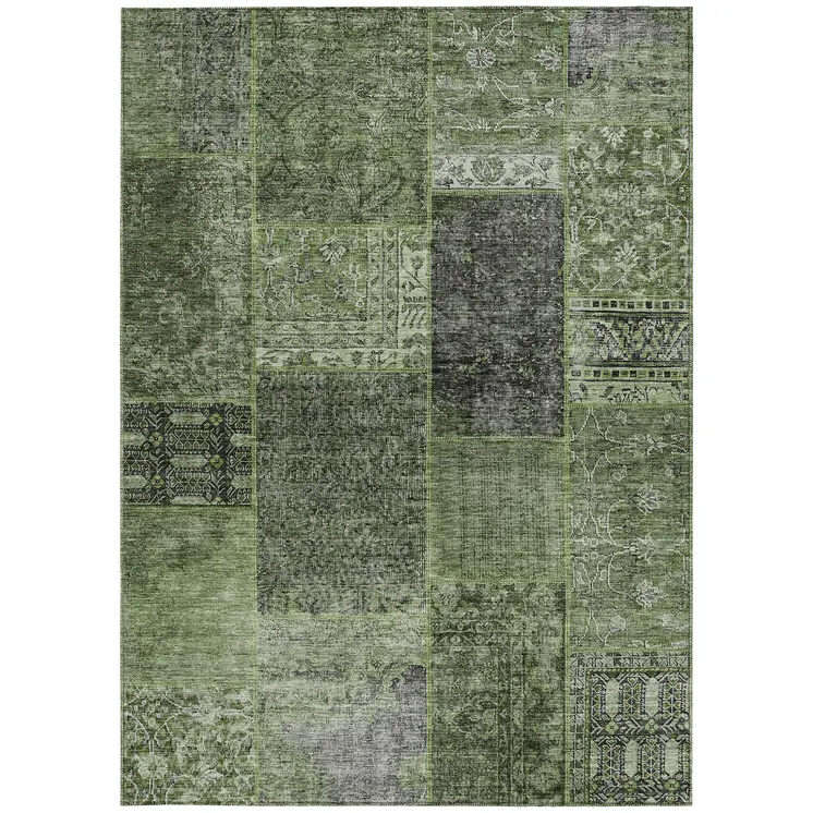 8' X 10' Olive Green And Gray Patchwork Washable Indoor Outdoor Area Rug