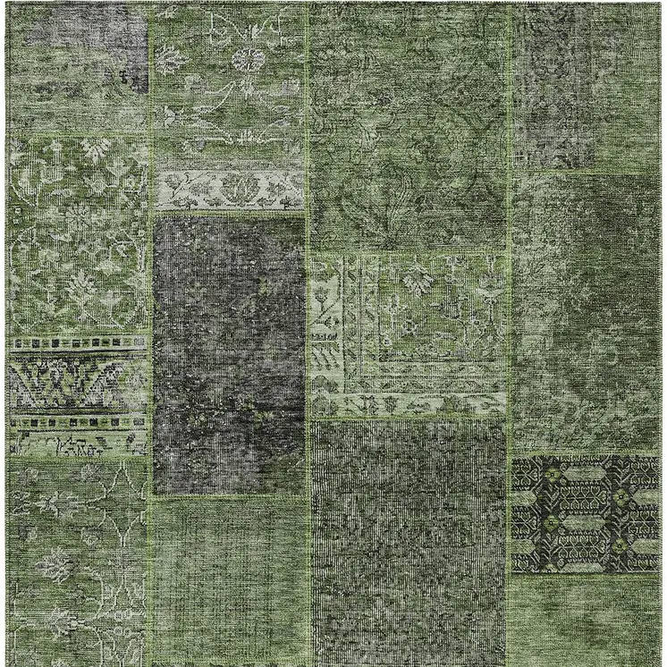 9' X 12' Olive Green And Gray Patchwork Washable Indoor Outdoor Area Rug