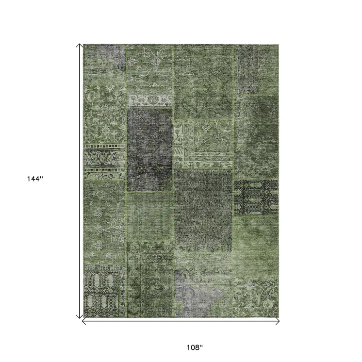 9' X 12' Olive Green And Gray Patchwork Washable Indoor Outdoor Area Rug