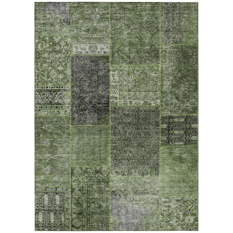 9' X 12' Olive Green And Gray Patchwork Washable Indoor Outdoor Area Rug