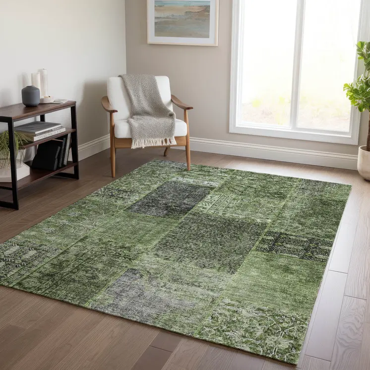 9' X 12' Olive Green And Gray Patchwork Washable Indoor Outdoor Area Rug