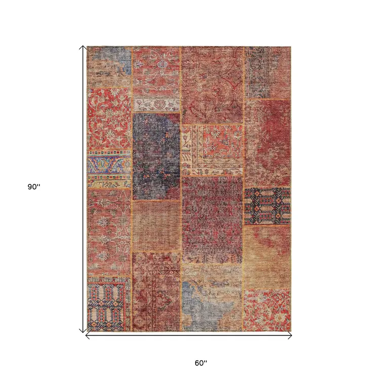 5' X 8' Red Orange And Blue Patchwork Washable Indoor Outdoor Area Rug
