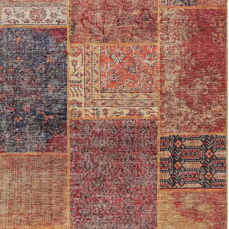 5' X 8' Red Orange And Blue Patchwork Washable Indoor Outdoor Area Rug