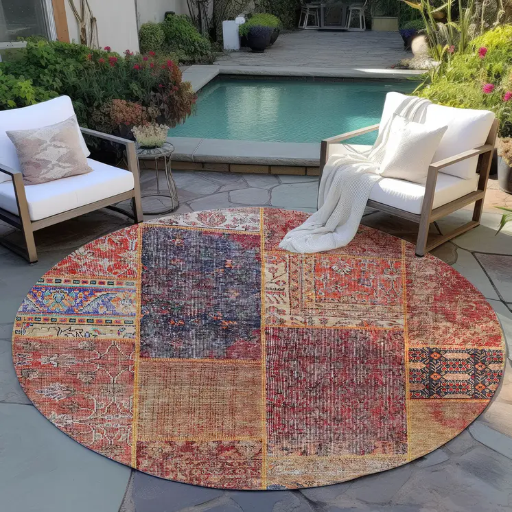 8' Red Orange And Blue Round Patchwork Washable Indoor Outdoor Area Rug