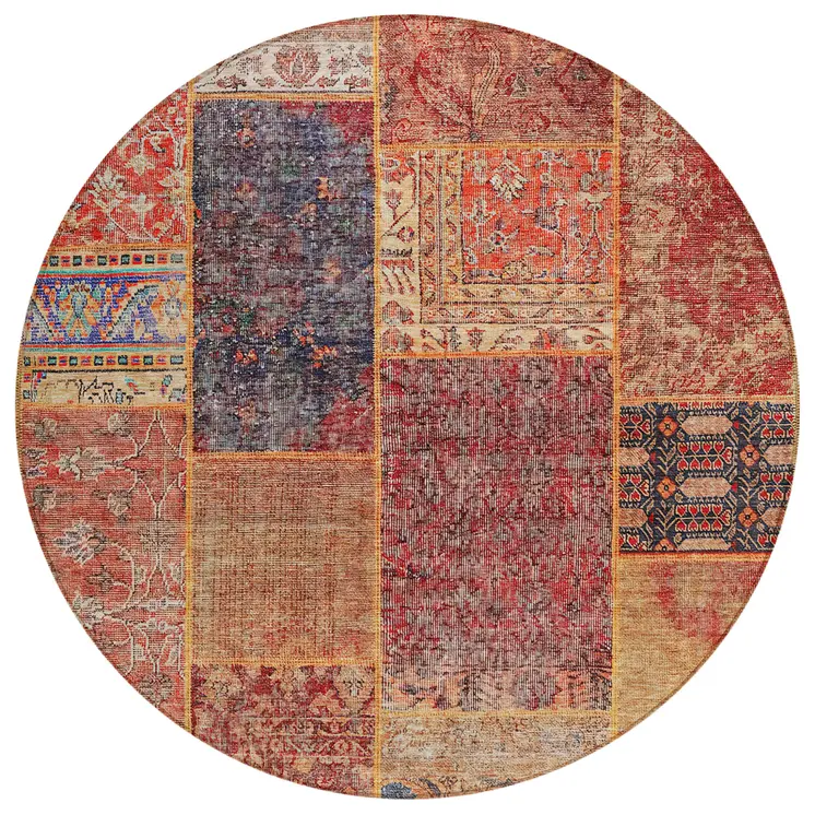 8' Red Orange And Blue Round Patchwork Washable Indoor Outdoor Area Rug