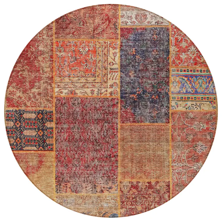 8' Red Orange And Blue Round Patchwork Washable Indoor Outdoor Area Rug