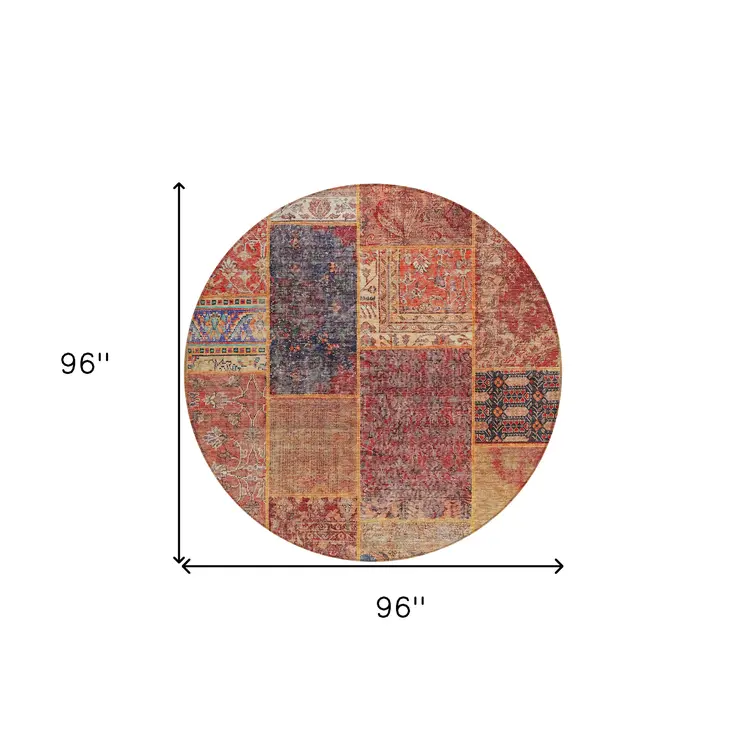 8' Red Orange And Blue Round Patchwork Washable Indoor Outdoor Area Rug