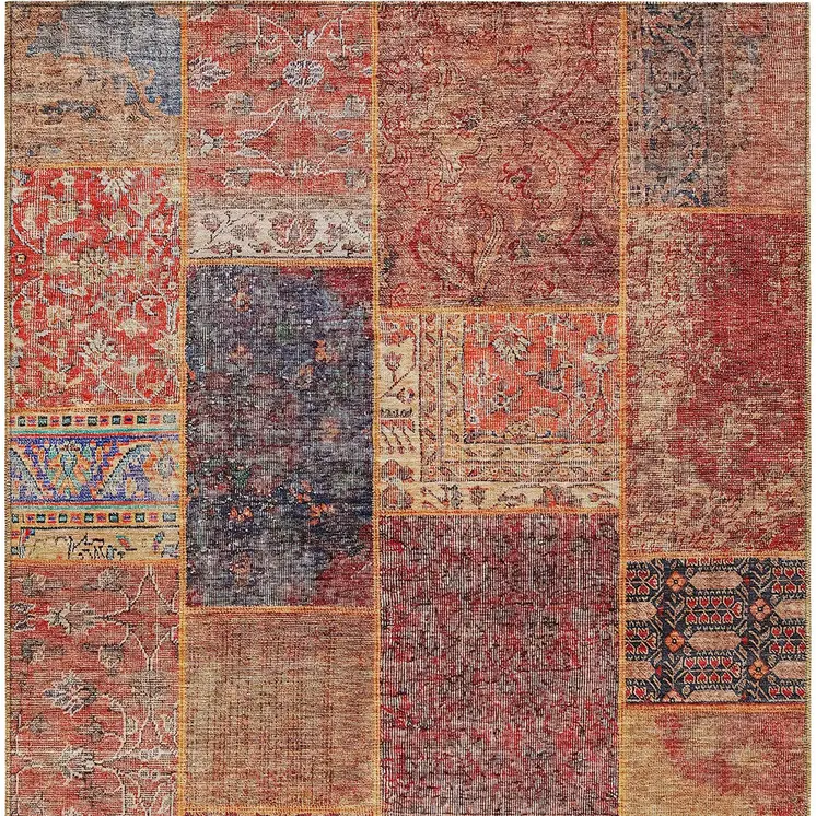 8' X 10' Red Orange And Blue Patchwork Washable Indoor Outdoor Area Rug