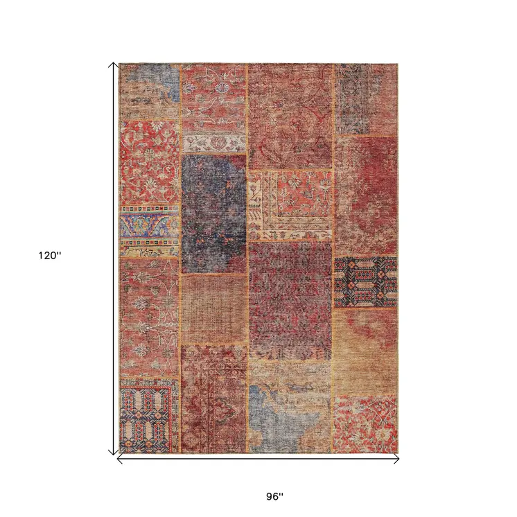8' X 10' Red Orange And Blue Patchwork Washable Indoor Outdoor Area Rug